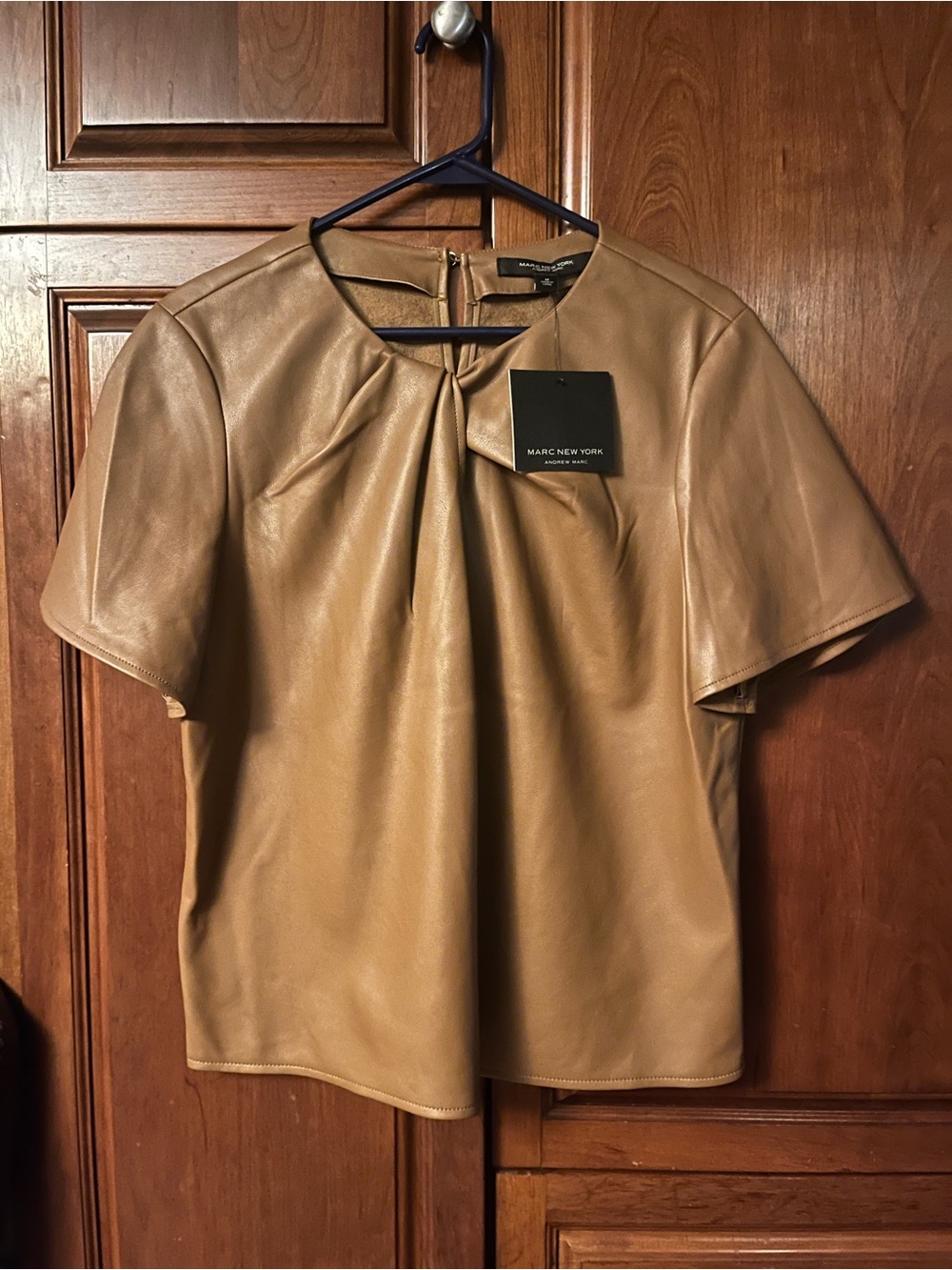 Marc New York Faux Leather Short Sleeve Top - Caramel Brown